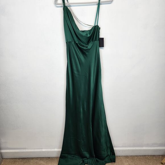 Mac Duggal Satin Maxi Dress Formal Prom Gown Size 8 Emerald Green One Shoulder - Picture 3 of 16